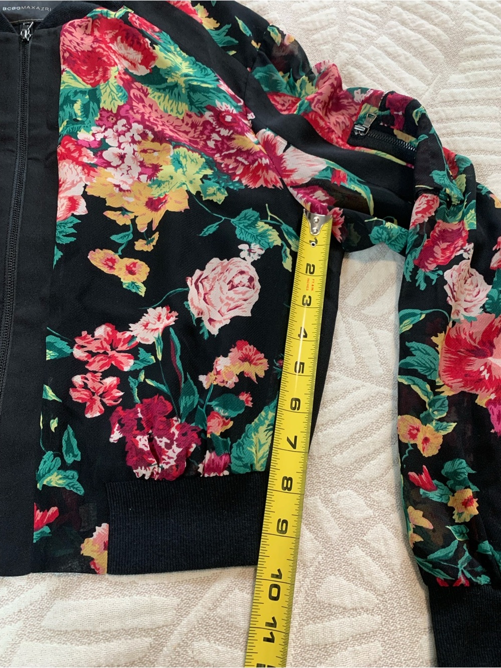 BCBGMaxAzria Black Floral Top / Bomber Jacket with Multicolor Blooms, Small - Picture 5 of 9